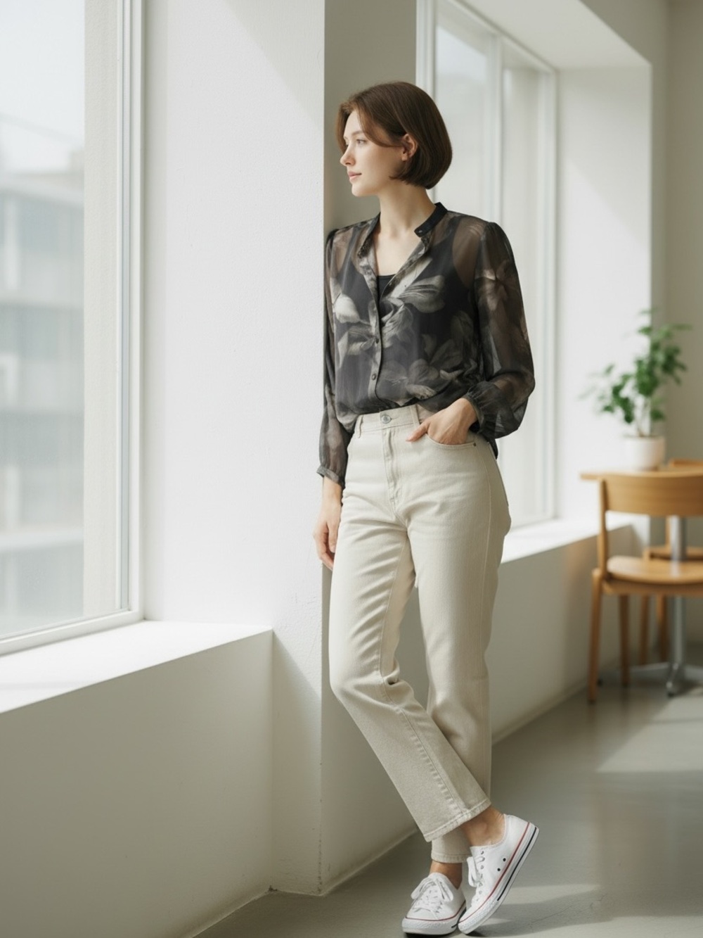 Ted Baker Sheer Floral Button-Up Blouse in Black and Gray